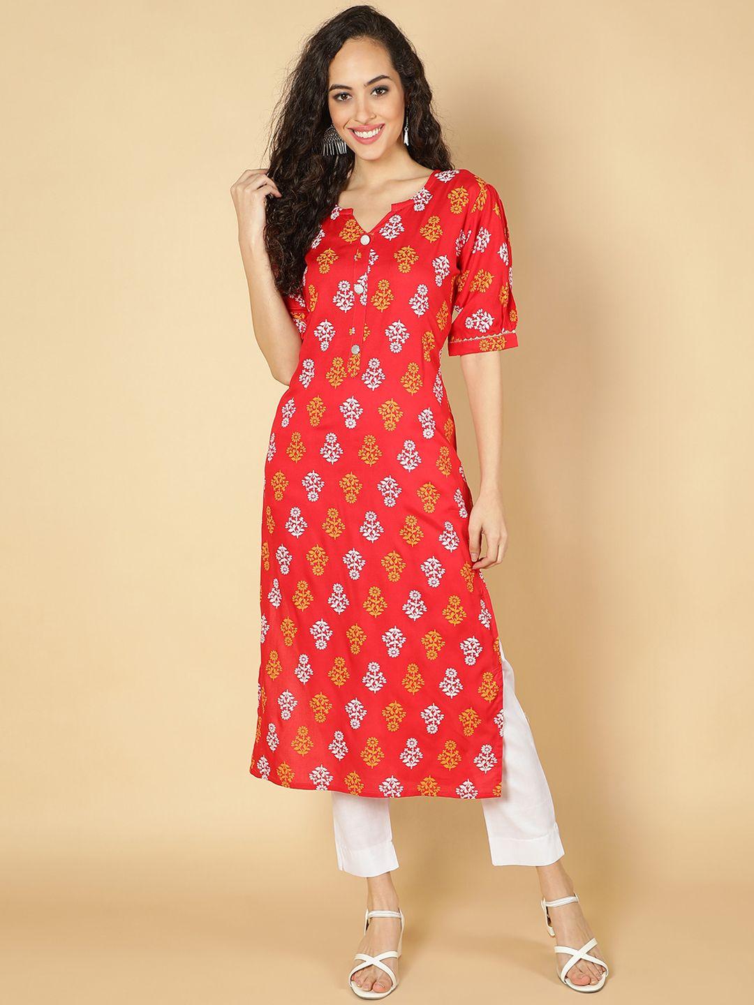 fabclub-women-red-&-white-printed-straight-kurta-with-trousers