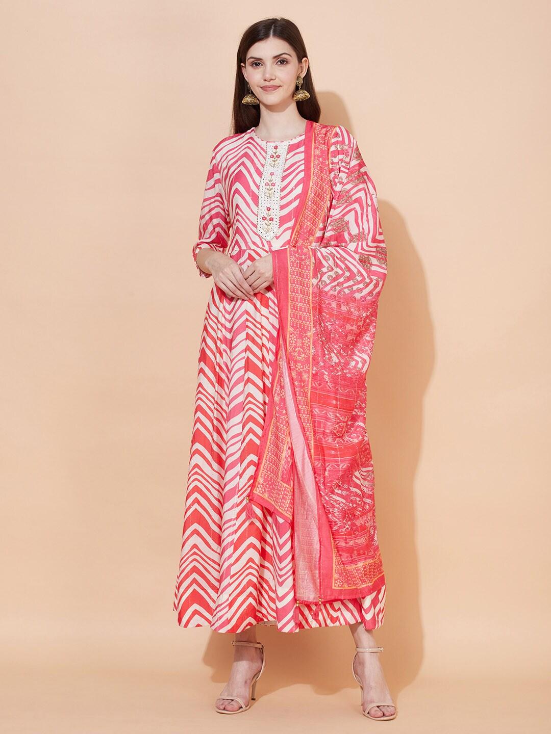 FASHOR Pink & White Chevron Printed Ethnic Maxi Dress With Dupatta