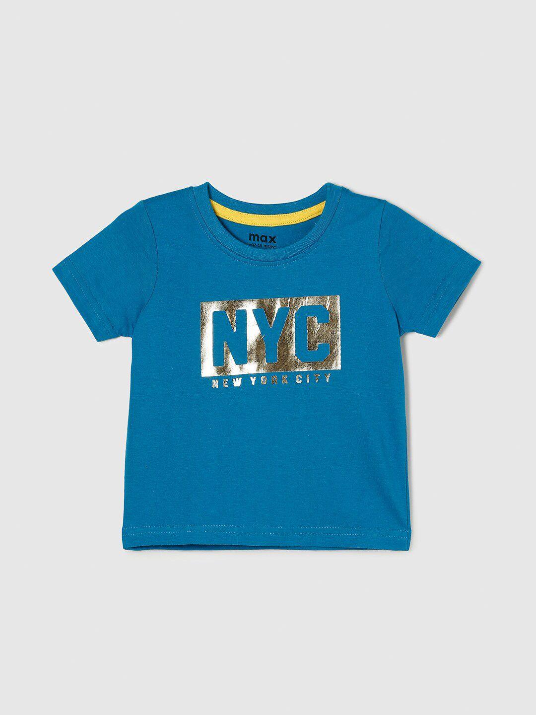 max Boys Teal Blue Typography Printed Applique T-shirt