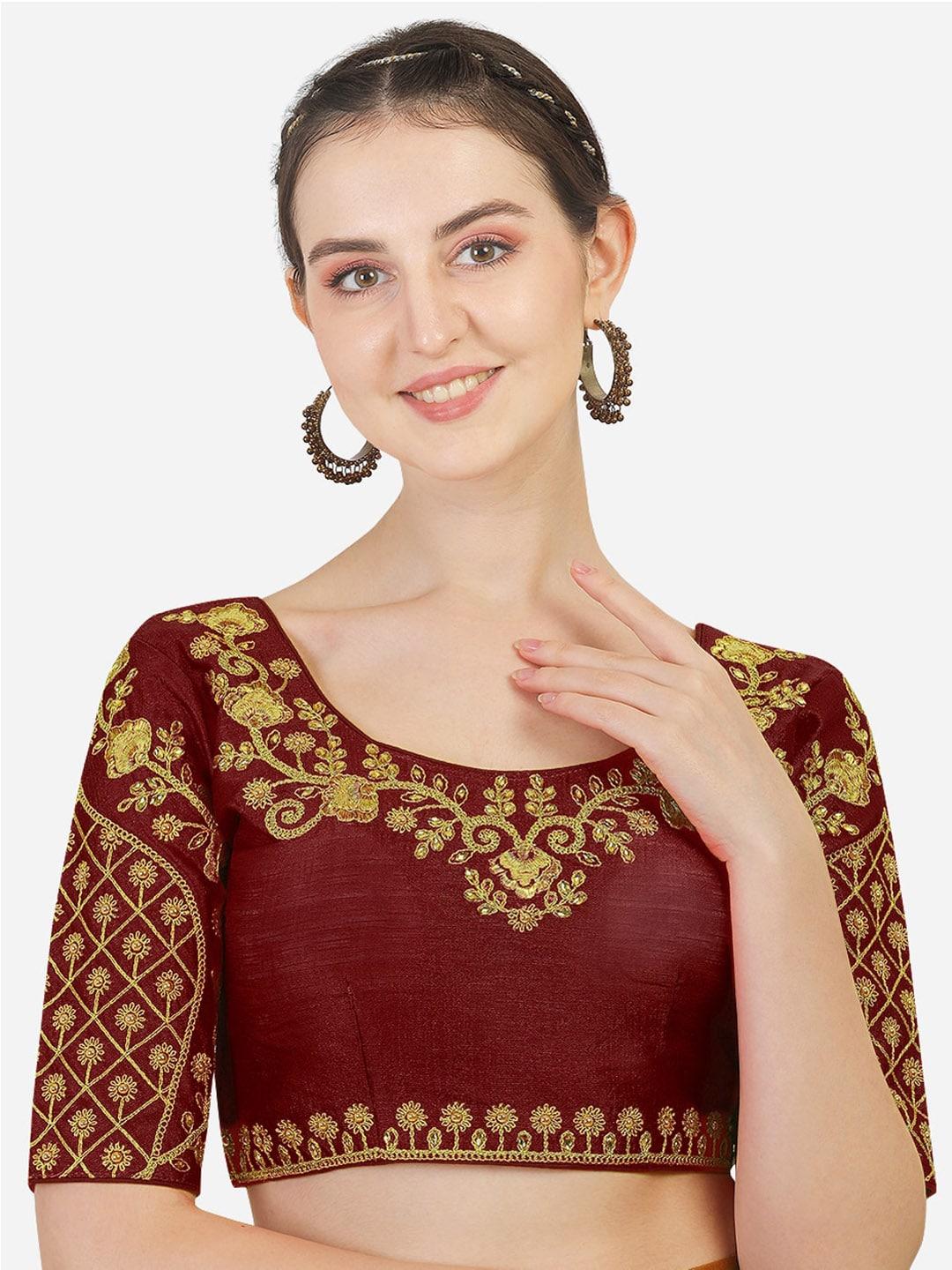 sumaira-tex-maroon-&-gold-coloured-embroidered-readymade-saree-blouse