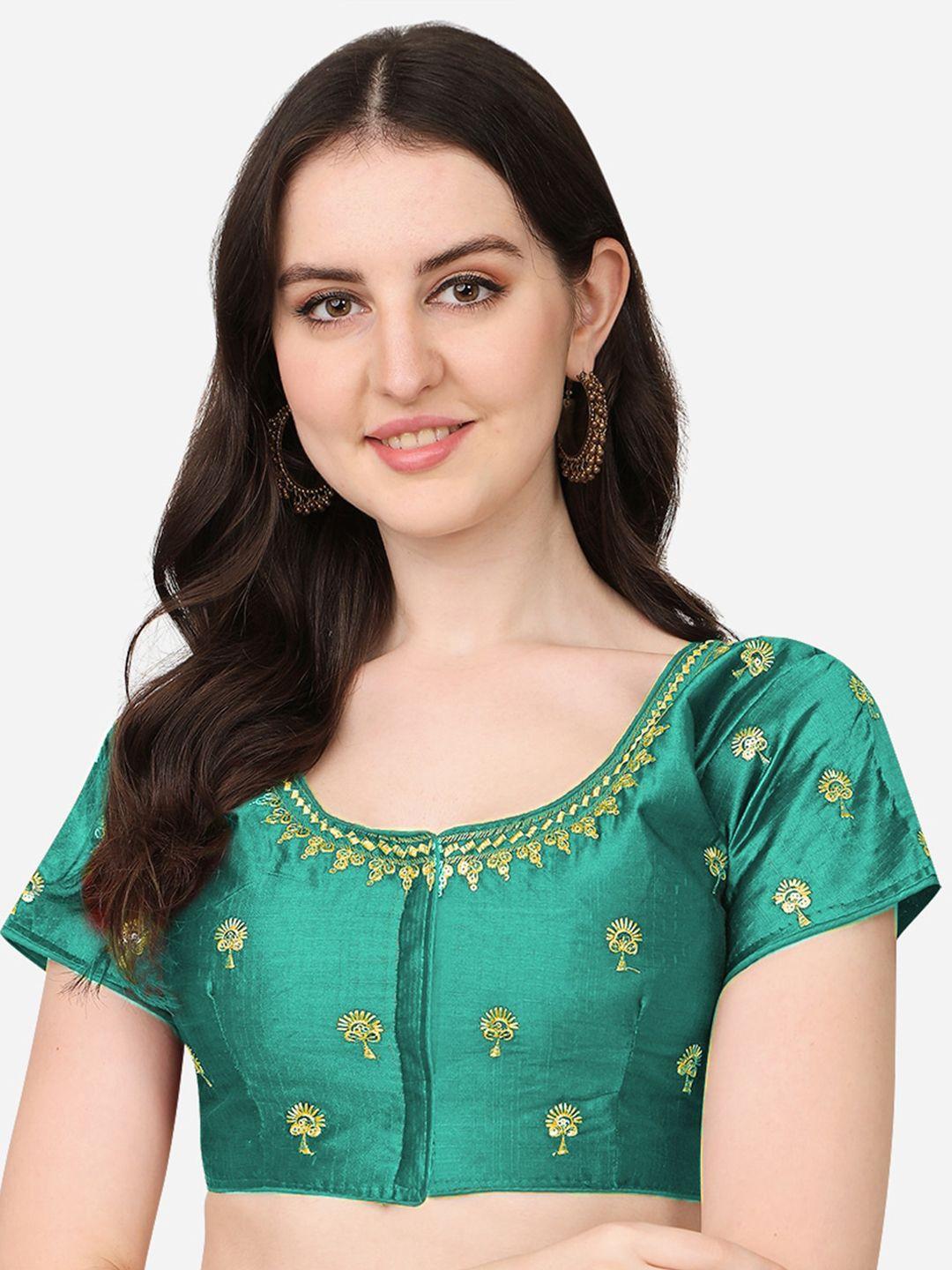 Sumaira Tex Women Green & Gold Embroidered Readymade Silk Saree Blouse