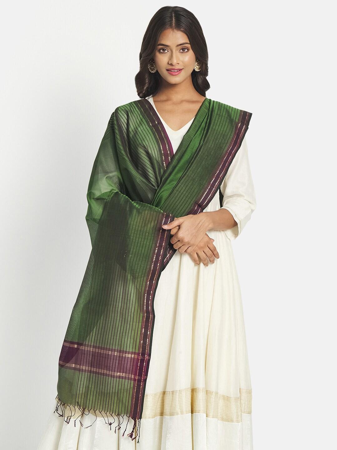 Fabindia Women Green & Purple Woven Design Cotton Silk Dupatta