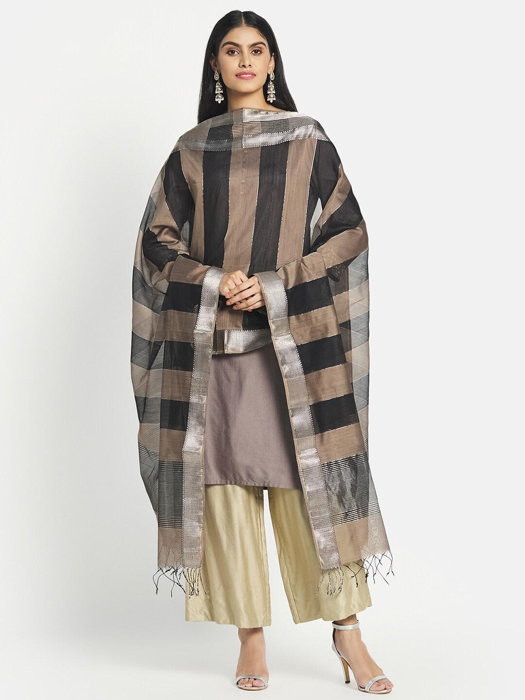 Fabindia Women Black & Brown Woven Design Cotton Silk Dupatta