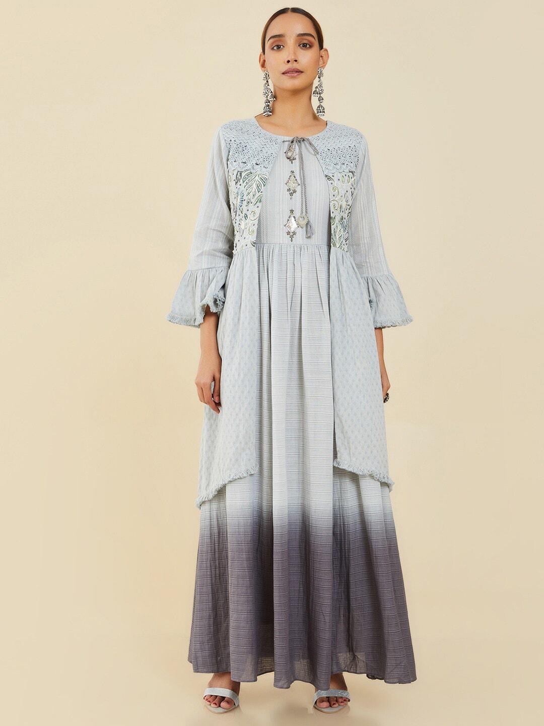Soch Women Grey Striped Cotton Maxi Ethnic Dress With Shrug