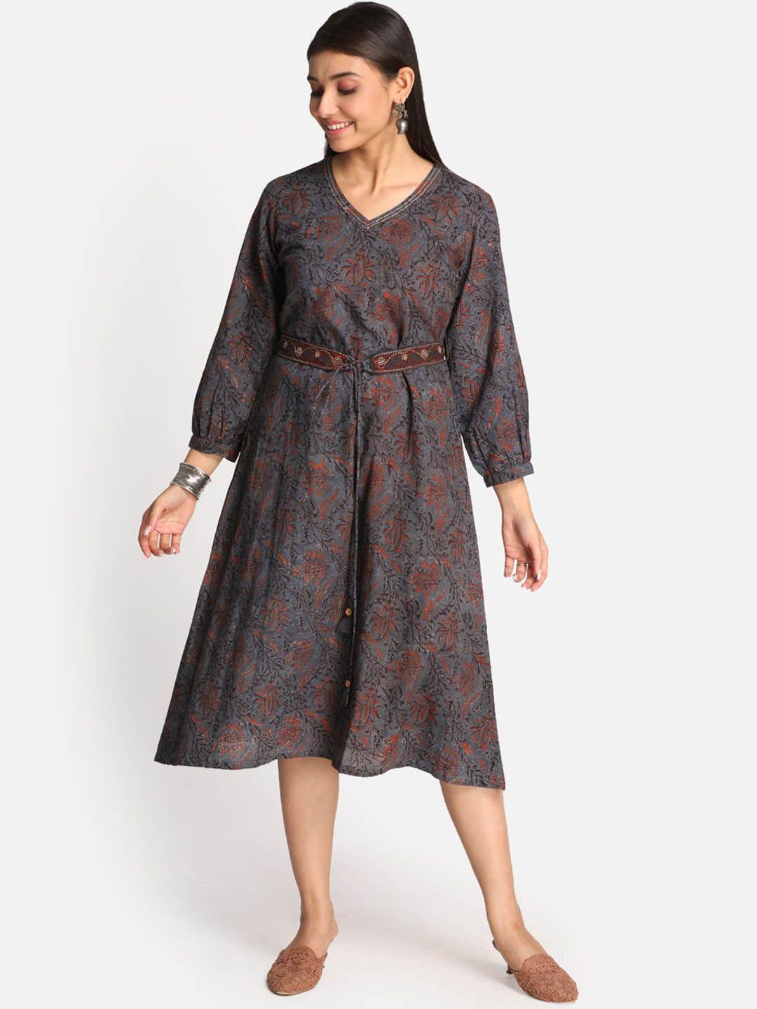 earthwear-women-grey-&-rust-ethnic-motifs-printed-flared-sleeves-kurta