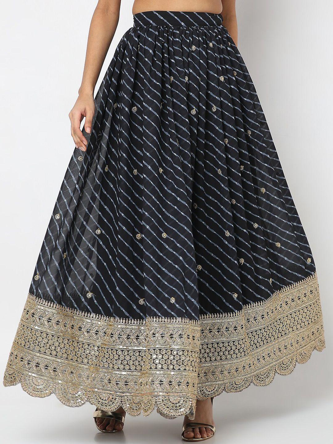 Ethnicity Women Navy Blue Embroidered Maxi Flared Skirts
