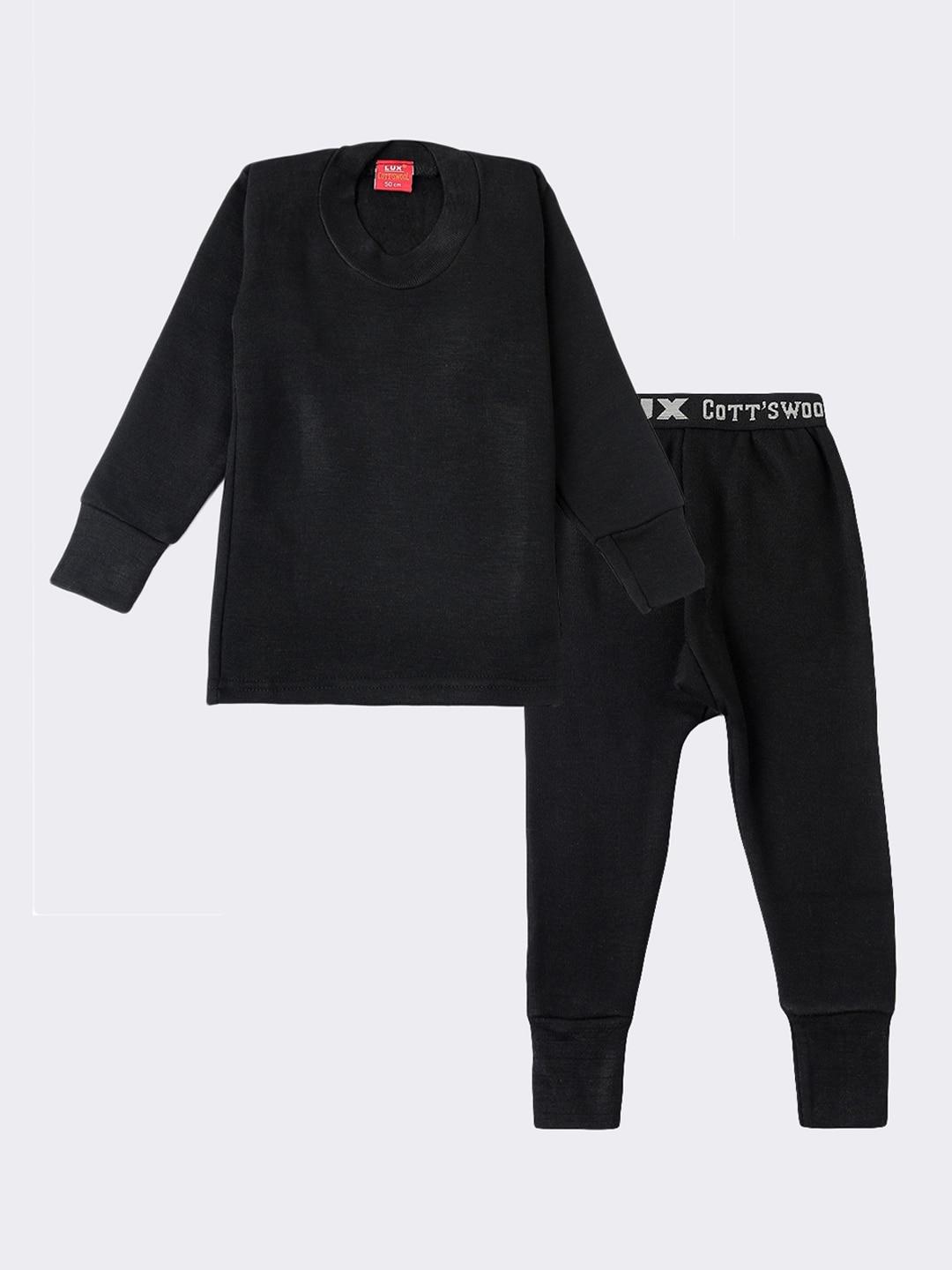 Lux Cottswool Boys Black Solid Cotton Thermal Sets