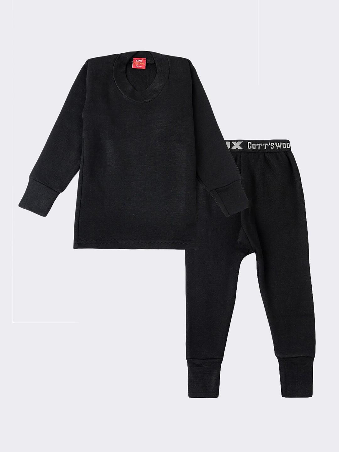 Lux Cottswool Boys Black Solid Cotton Thermal Set