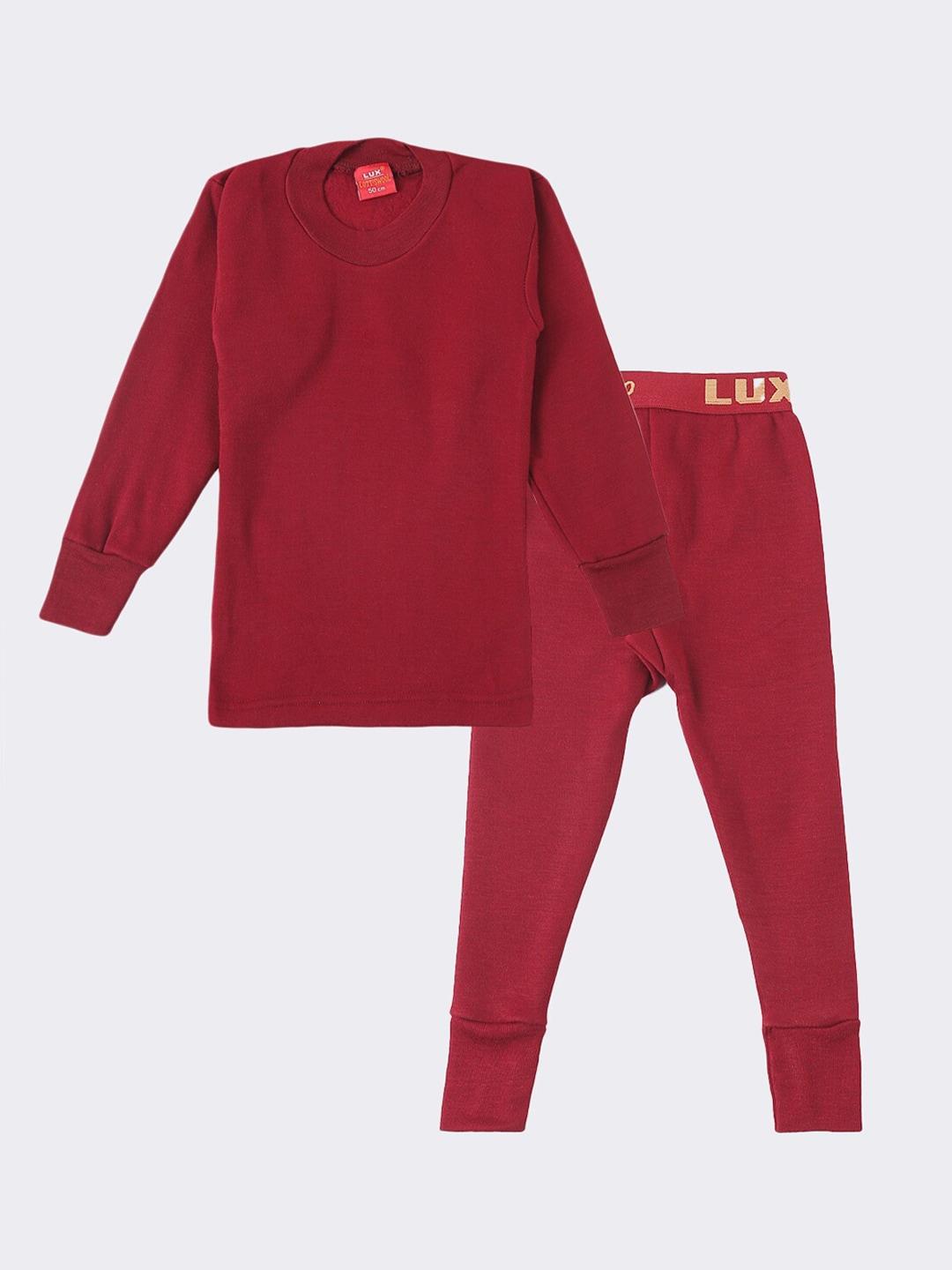 Lux Cottswool Boys Maroon Solid Cotton Thermal Set