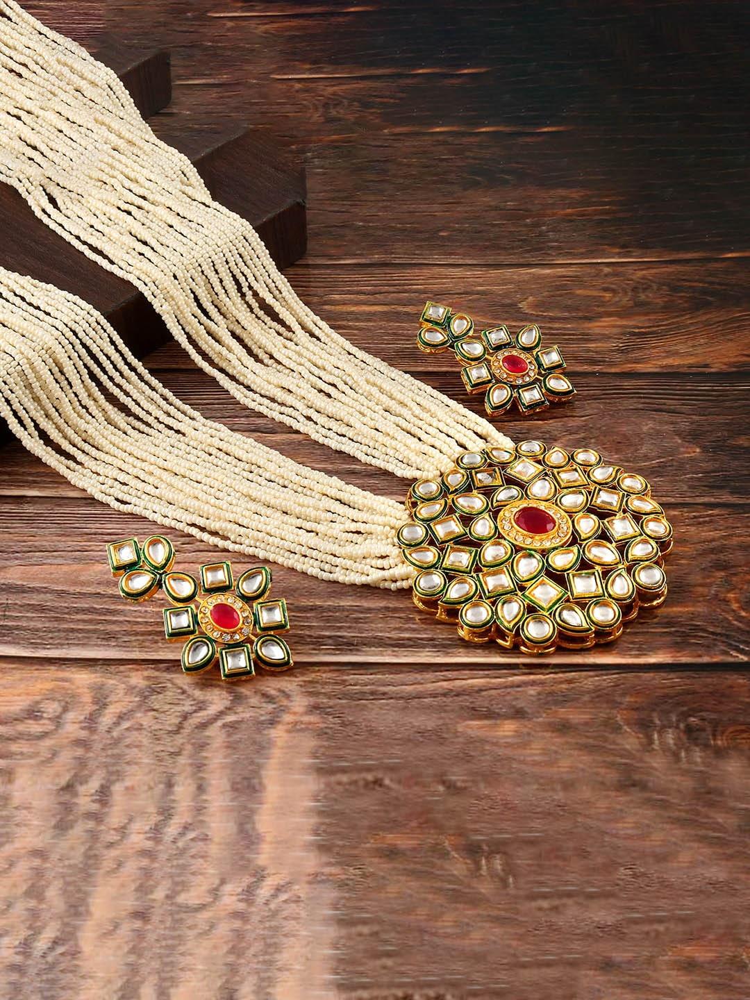 Jewar Mandi Gold-Plated & White Kundan Stone-Studded Pearl Beaded Jewellery Set