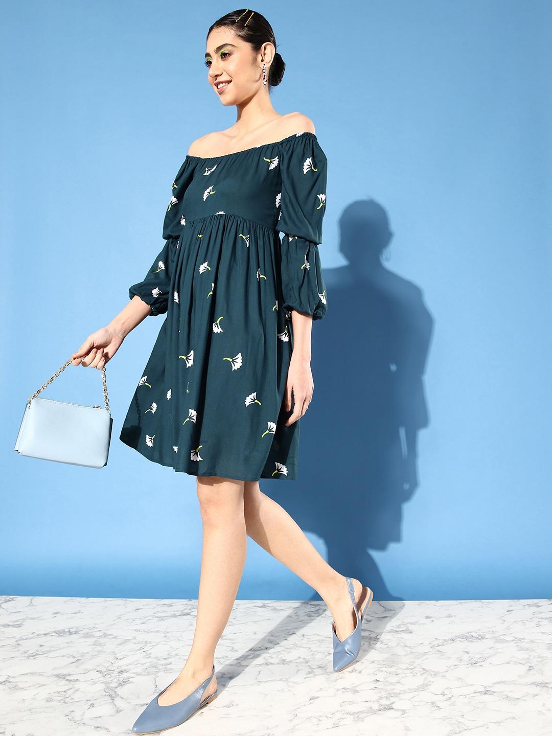 Miss Chase Teal & White Floral Print Above Knee Fit & Flare Dress