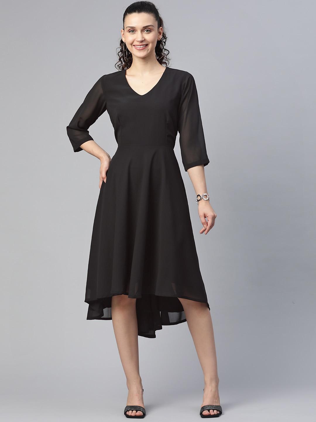 PowerSutra Black Solid Fit & Flare Georgette Dress