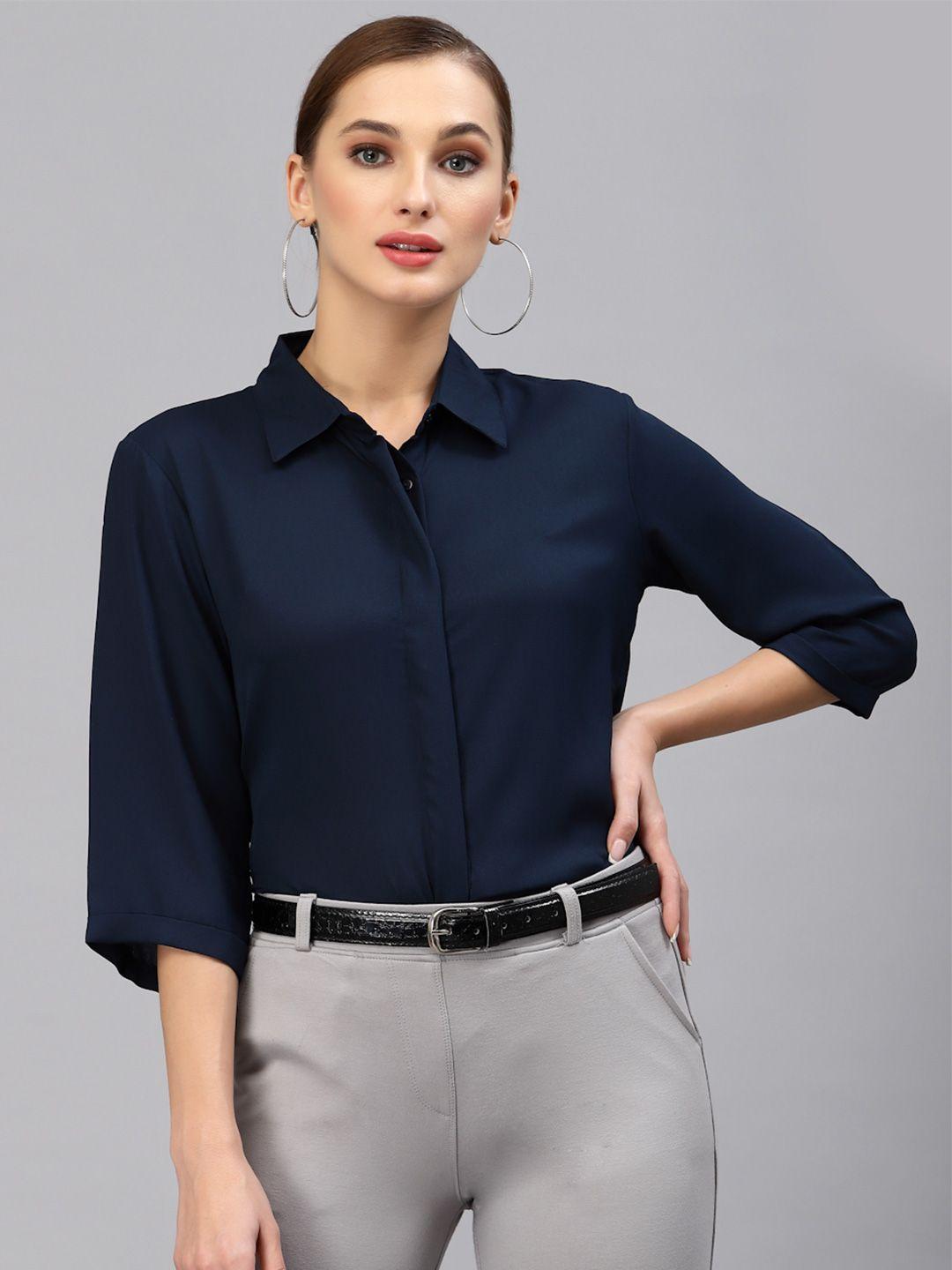 Style Quotient Women Navy Blue Solid Smart Formal Shirt