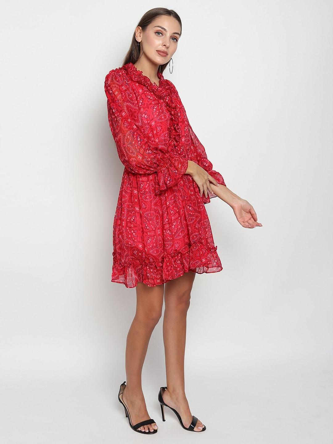 ISAM Red Floral Printed Chiffon Dress