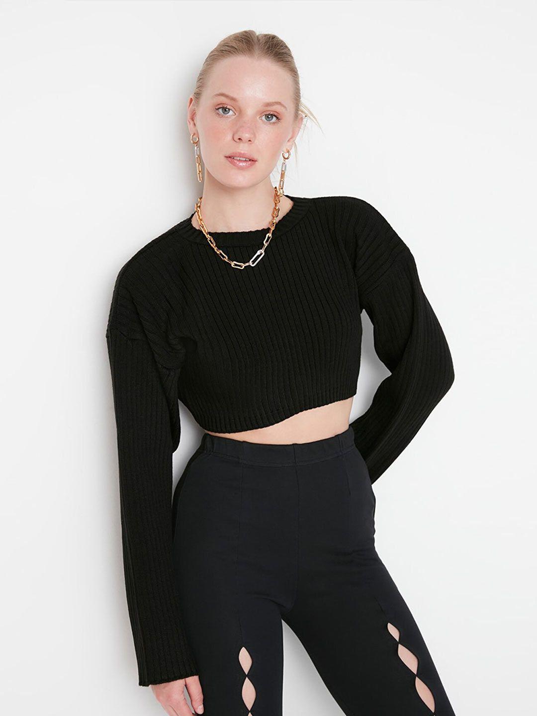 trendyol-women-black-ribbed-crop-acrylic-pullover