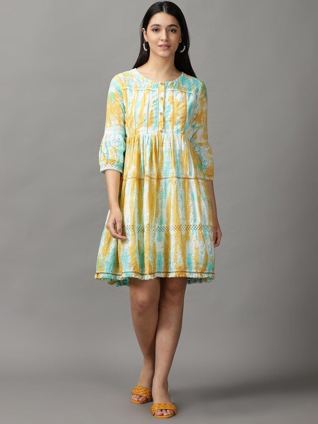 showoff-women-sea-green-&-yellow-tie-and-dye-dyed-a-line-dress