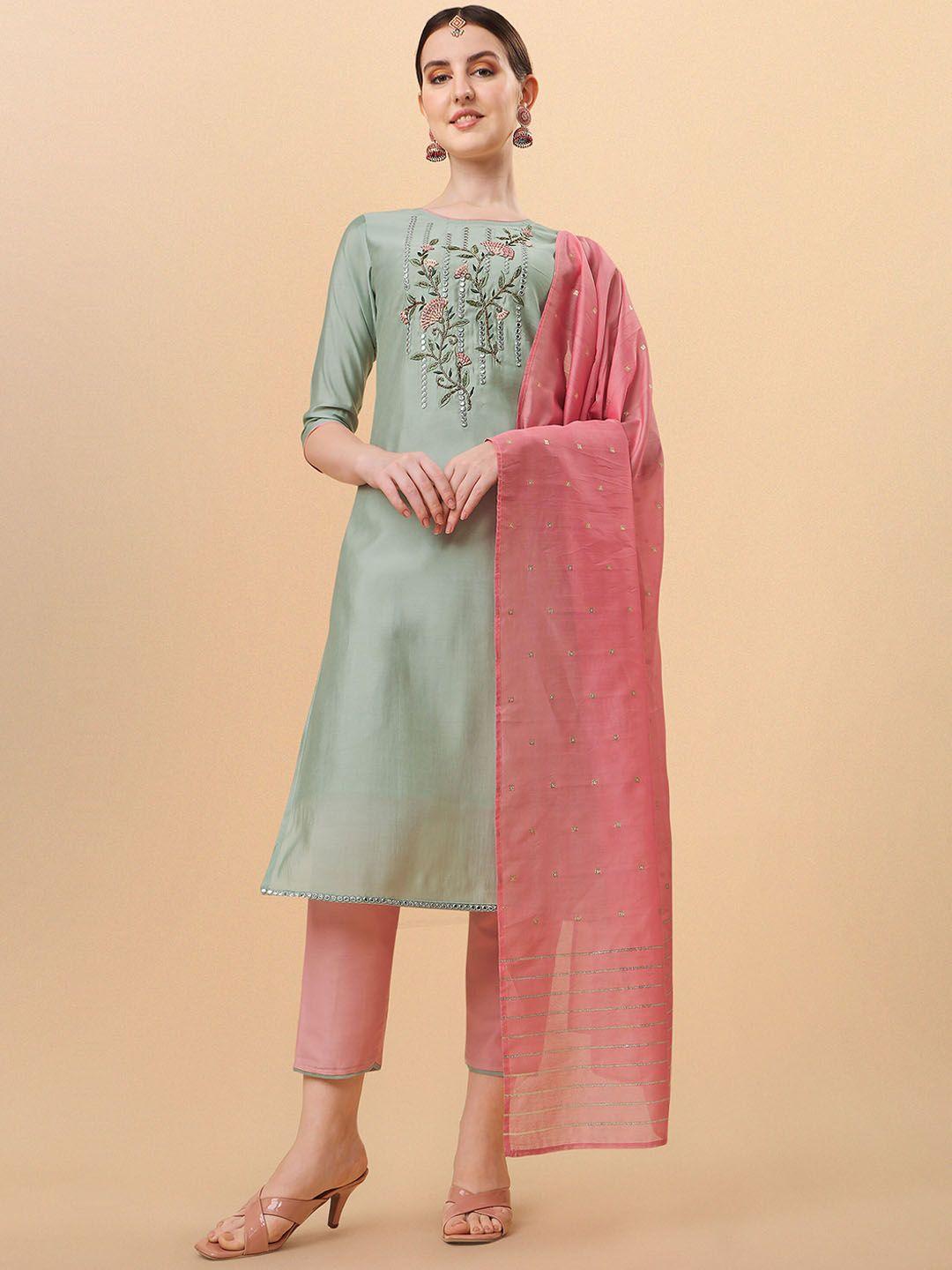 Berrylicious Women Sea Green Floral Embroidered Chanderi Cotton Kurta with Trousers & With Dupatta