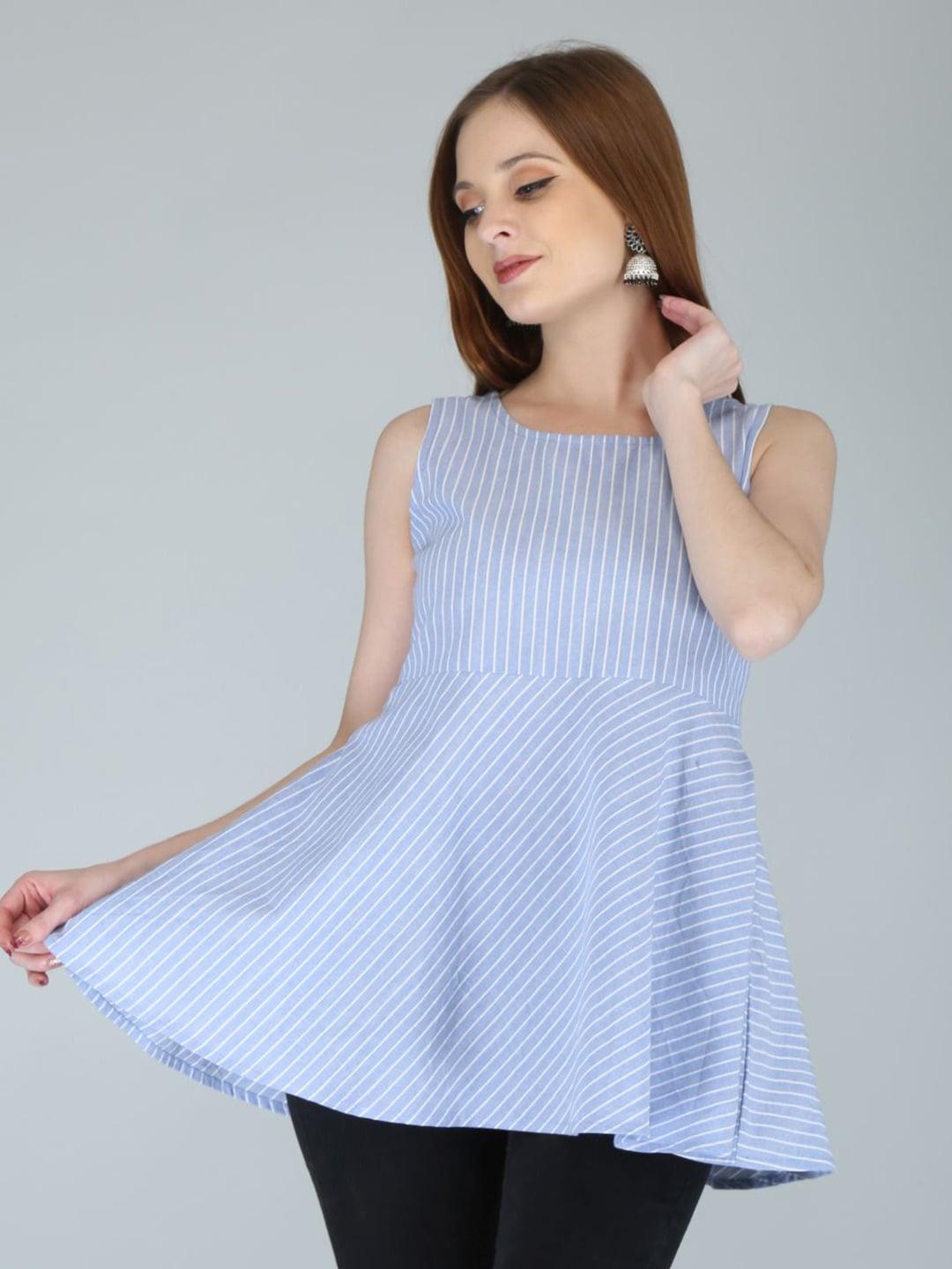 SVARCHI Women Blue Striped Cotton Linen Top