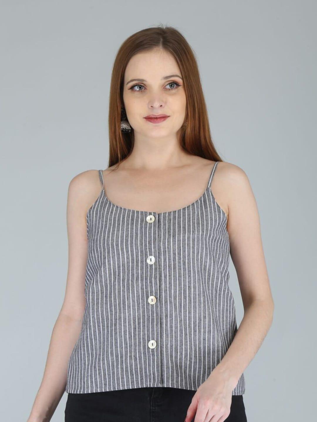 SVARCHI Women Grey Striped Cotton Linen Top