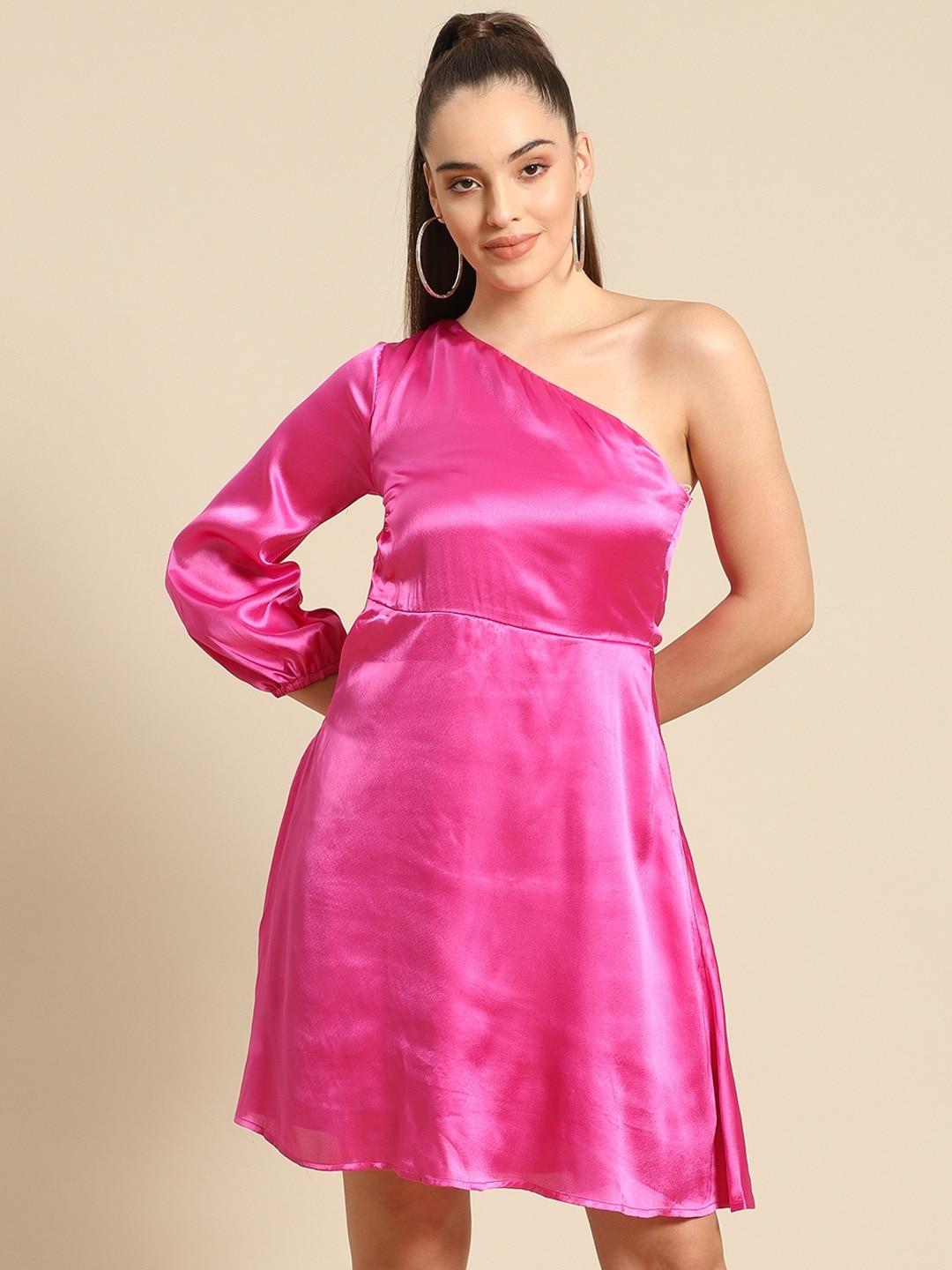 dodo-&-moa-pink-one-shoulder-fit-and-flare-dress