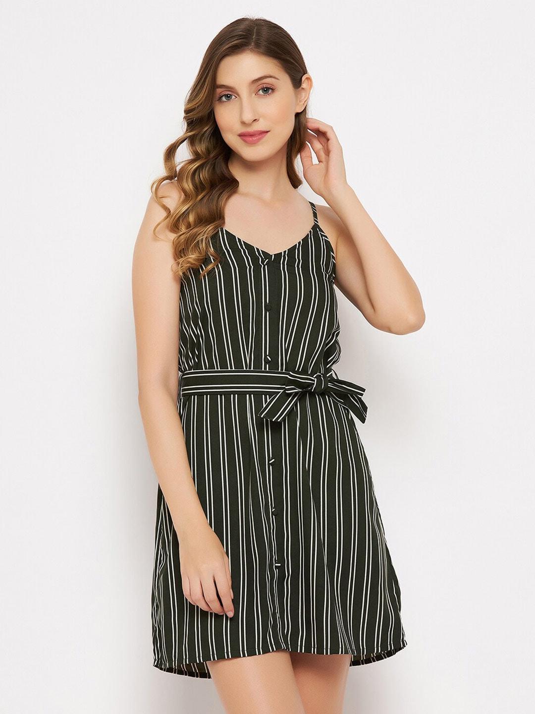 Clovia Striped Belted A-Line Dress