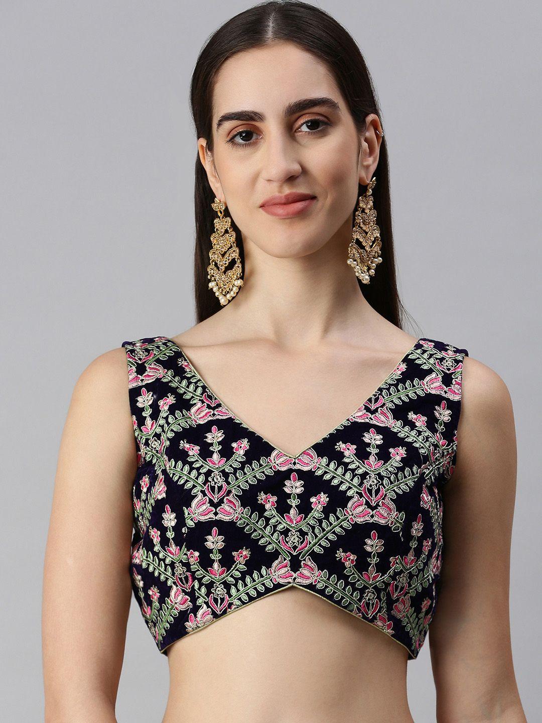 flaher Women Embroidered Velvet Ready To Wear Padded Saree Blouse