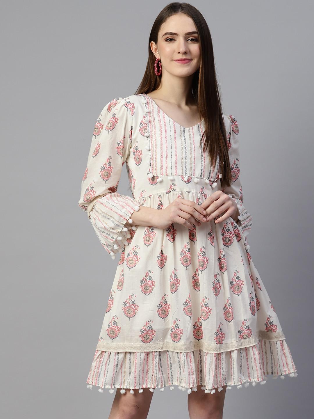 SERONA FABRICS Off White & Pink Ethnic Motifs Ethnic Cotton A-Line Dress