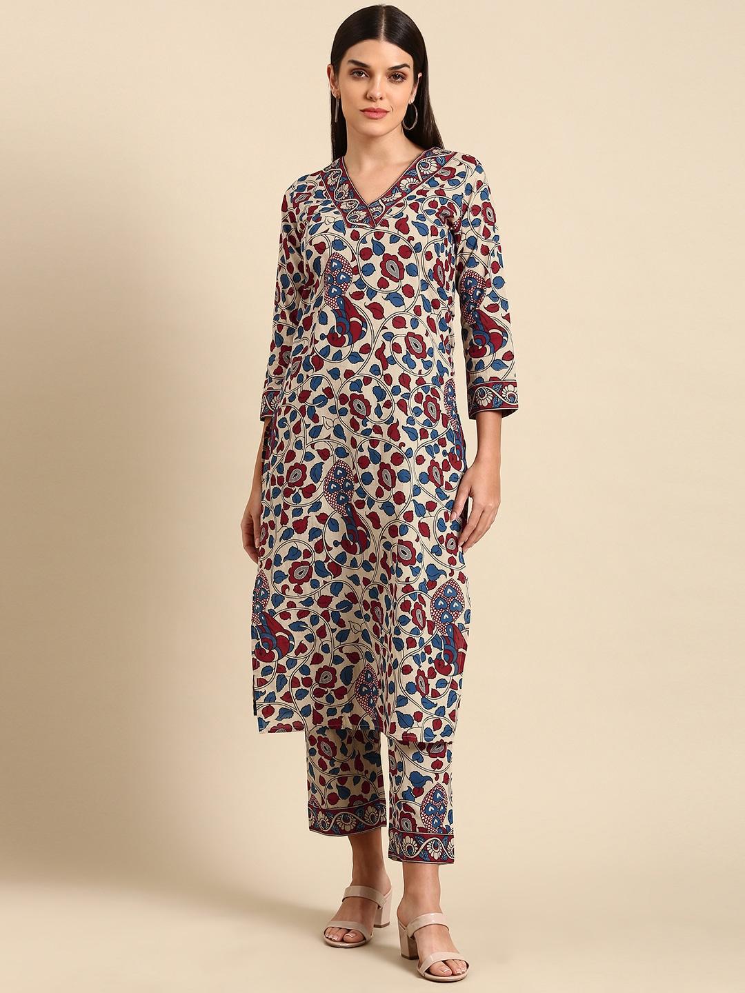 anayna-women-beige-floral-printed-pure-cotton-kurta-with-trousers