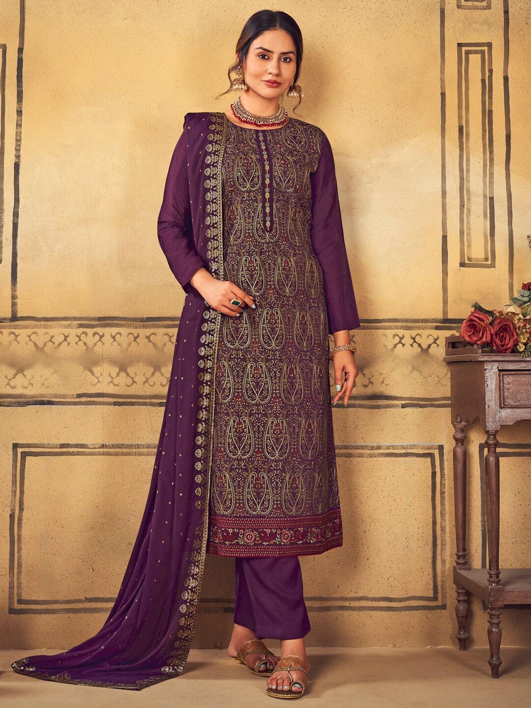Stylee LIFESTYLE Purple & Gold-Toned Embroidered Pure Silk Unstitched Dress Material