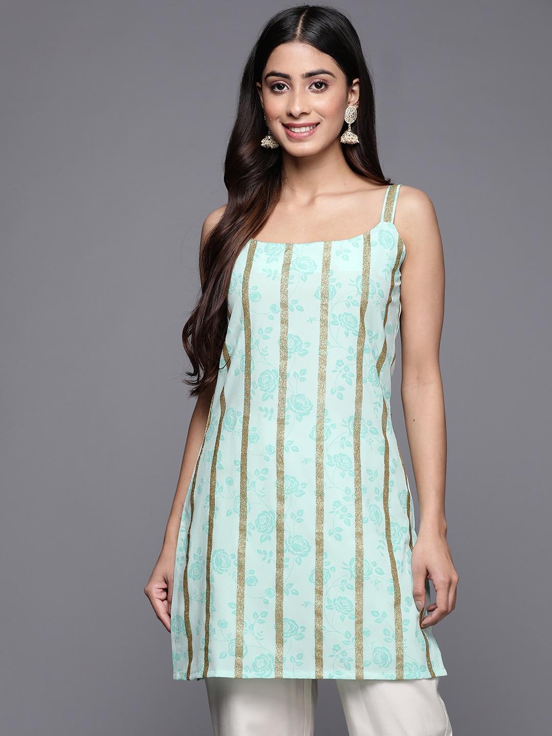 Ahalyaa Striped Floral Printed Shoulder Straps Crepe Tunic
