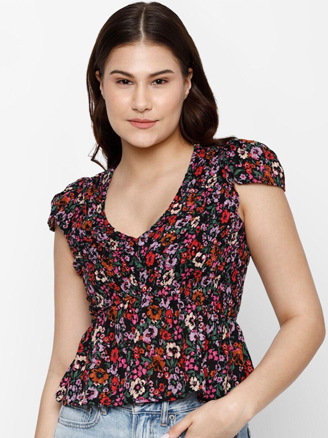 american-eagle-outfitters-floral-print-smocked-cinched-waist-pure-cotton-top