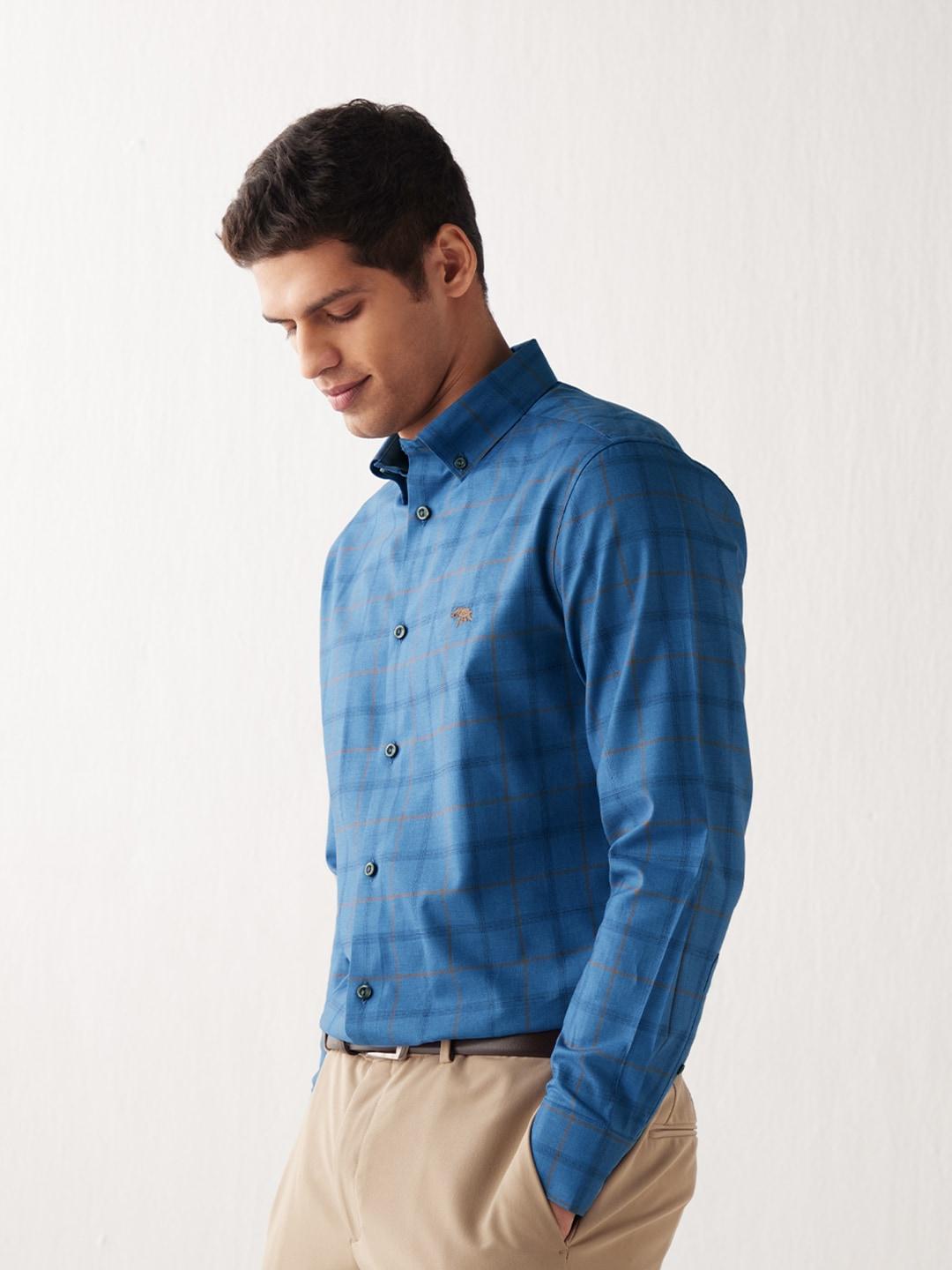 Andamen Men Classic Slim Fit Windowpane Checked Cotton Casual Shirt