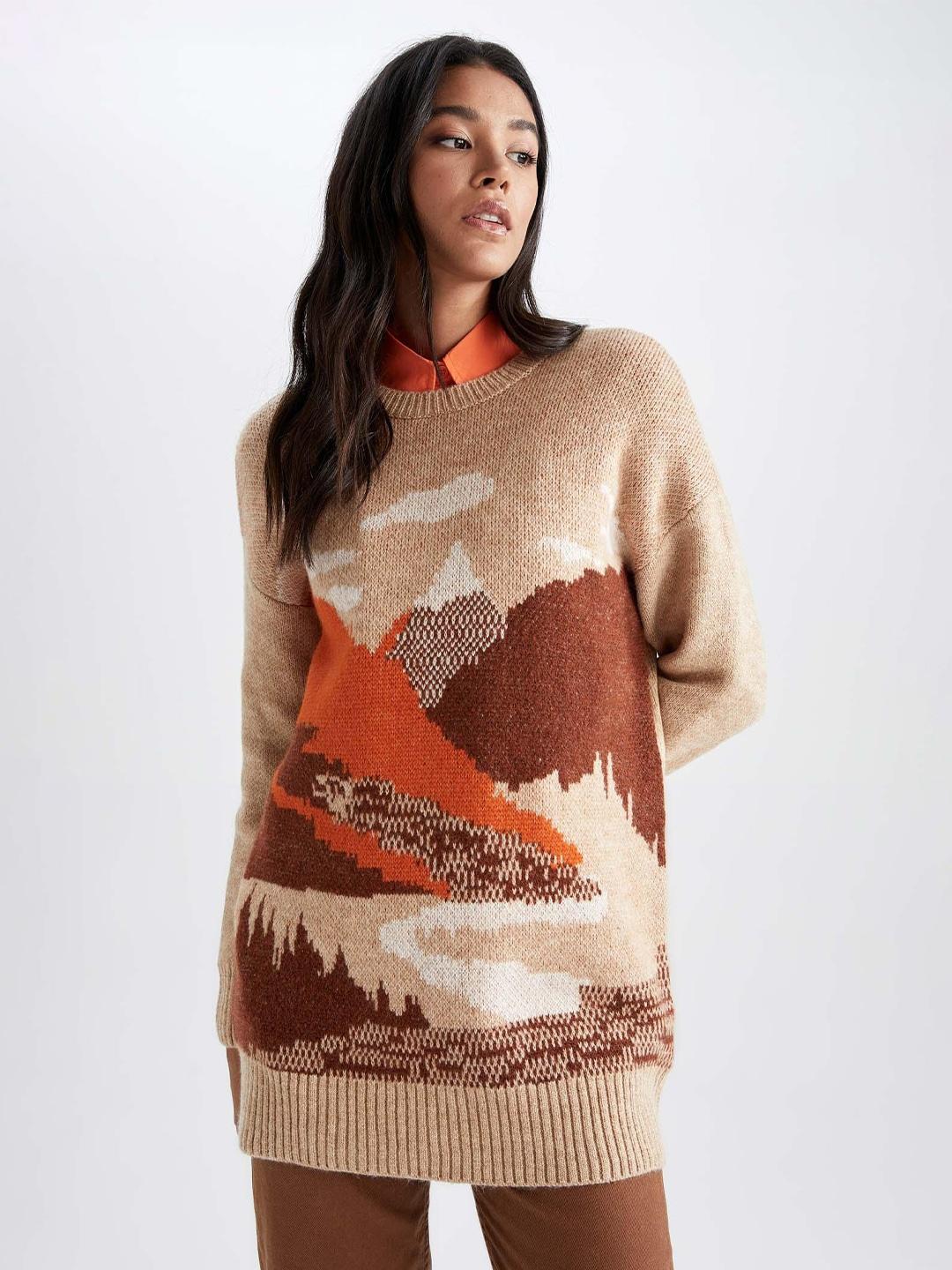 defacto-women-printed-ribbed-pullover