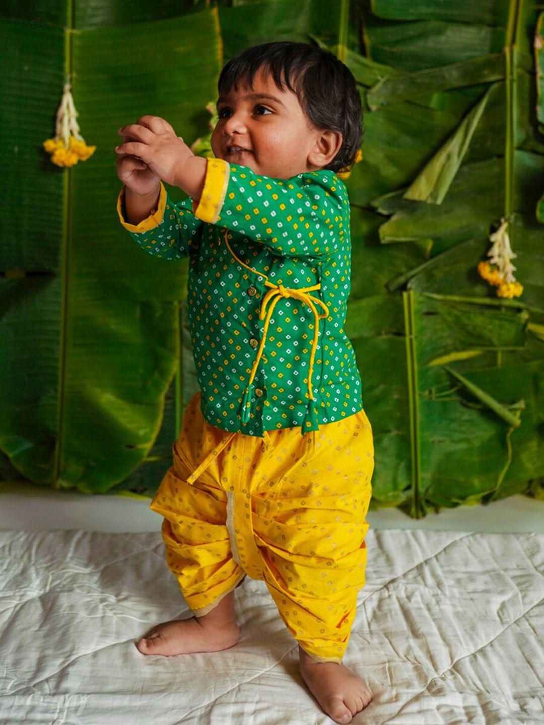 Tiber Taber Infant Boys Bandhani Printed Angrakha Pure Cotton Kurta with Dhoti Pants