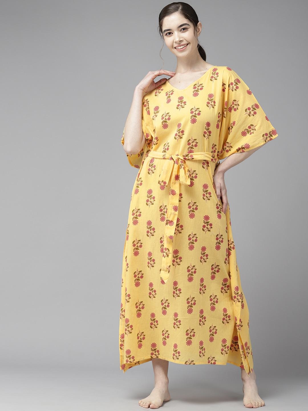 Prakrti Yellow Printed Cotton Nightdress