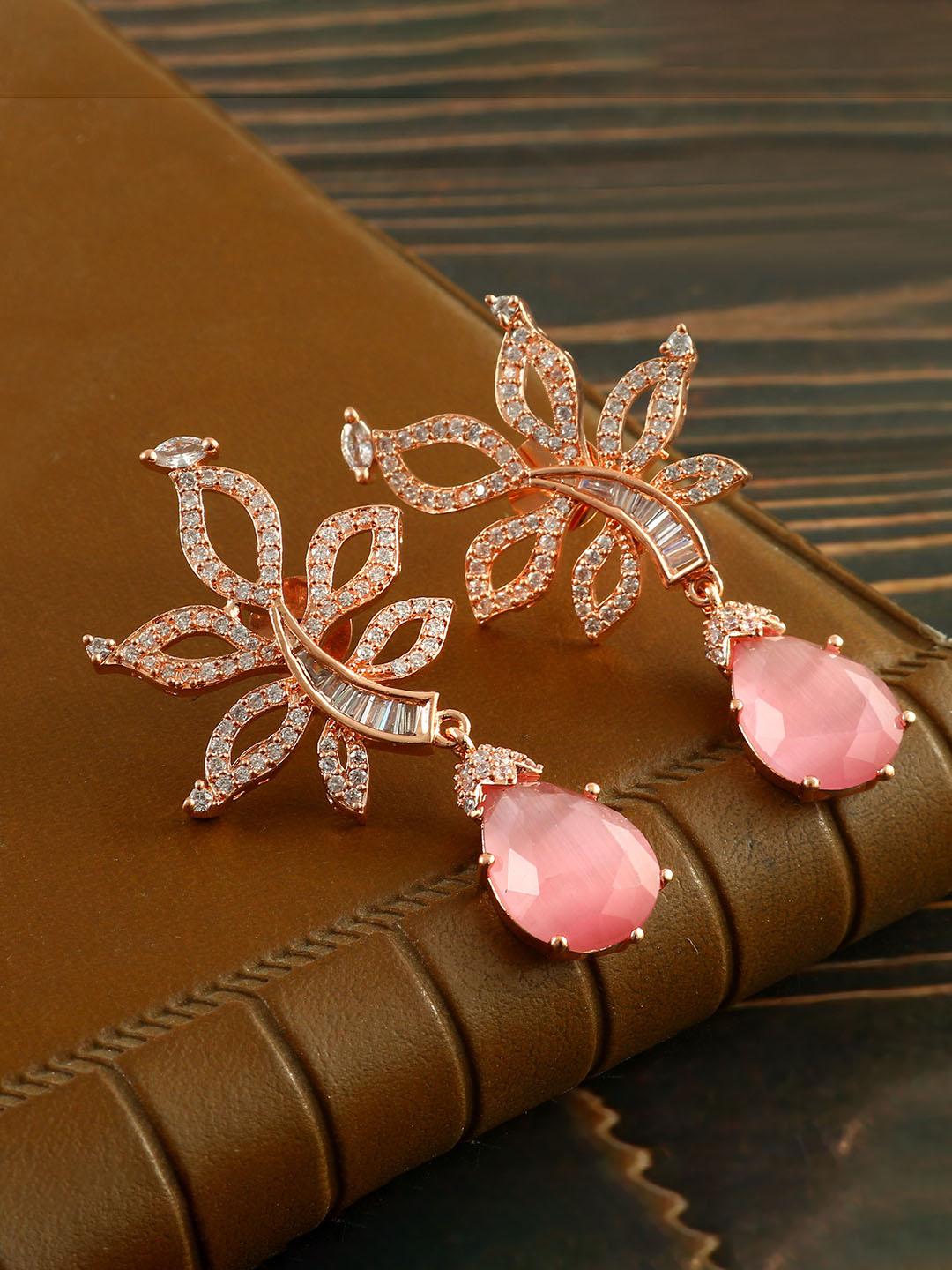 Jewar Mandi Rose Rose Gold-Plated Leaf Shaped Drop Earrings