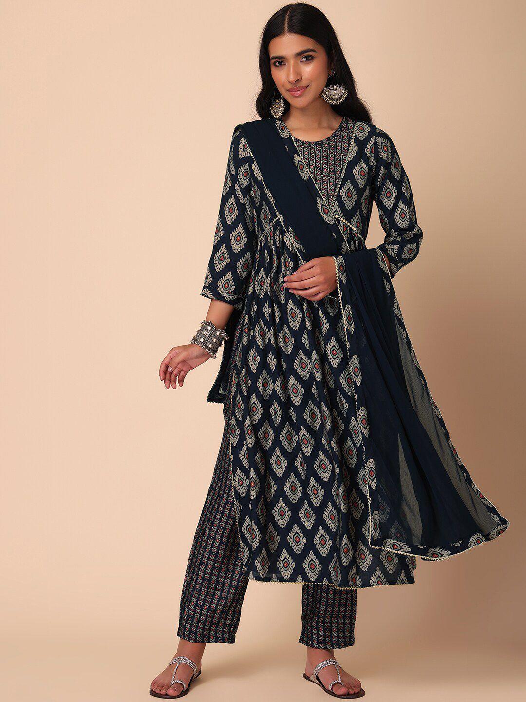 indya-women-ethnic-motifs-printed-a-line-kurta-with-trouser-&-dupatta