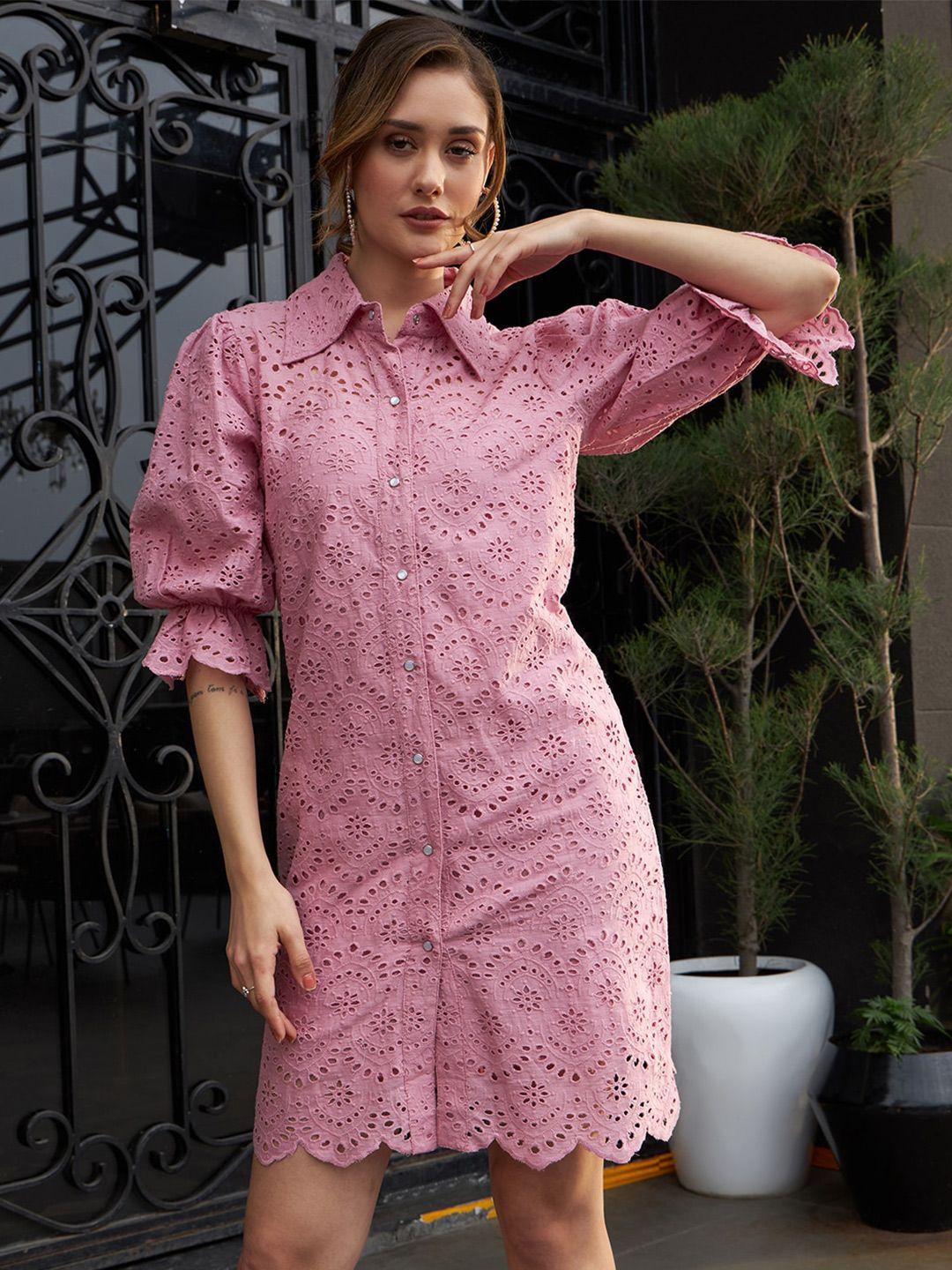 Athena Self Design Schiffli Cotton Shirt Dress