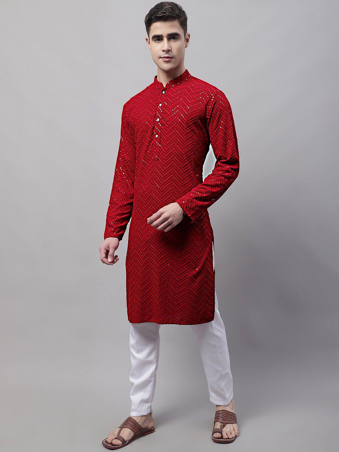 Jompers Men Maroon Leheriya Embroidered Sequinned Pure Cotton Kurta with Pyjamas