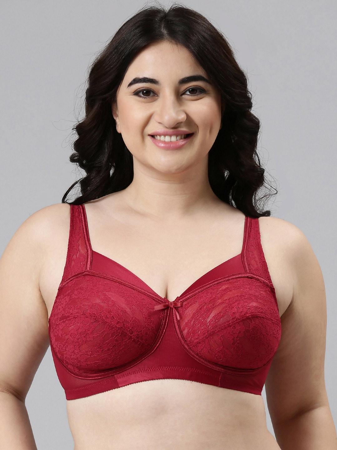 Enamor Women Maroon Non-Padded Non-Wired Full Support Lace Bra With Sectioned Cups - FB06