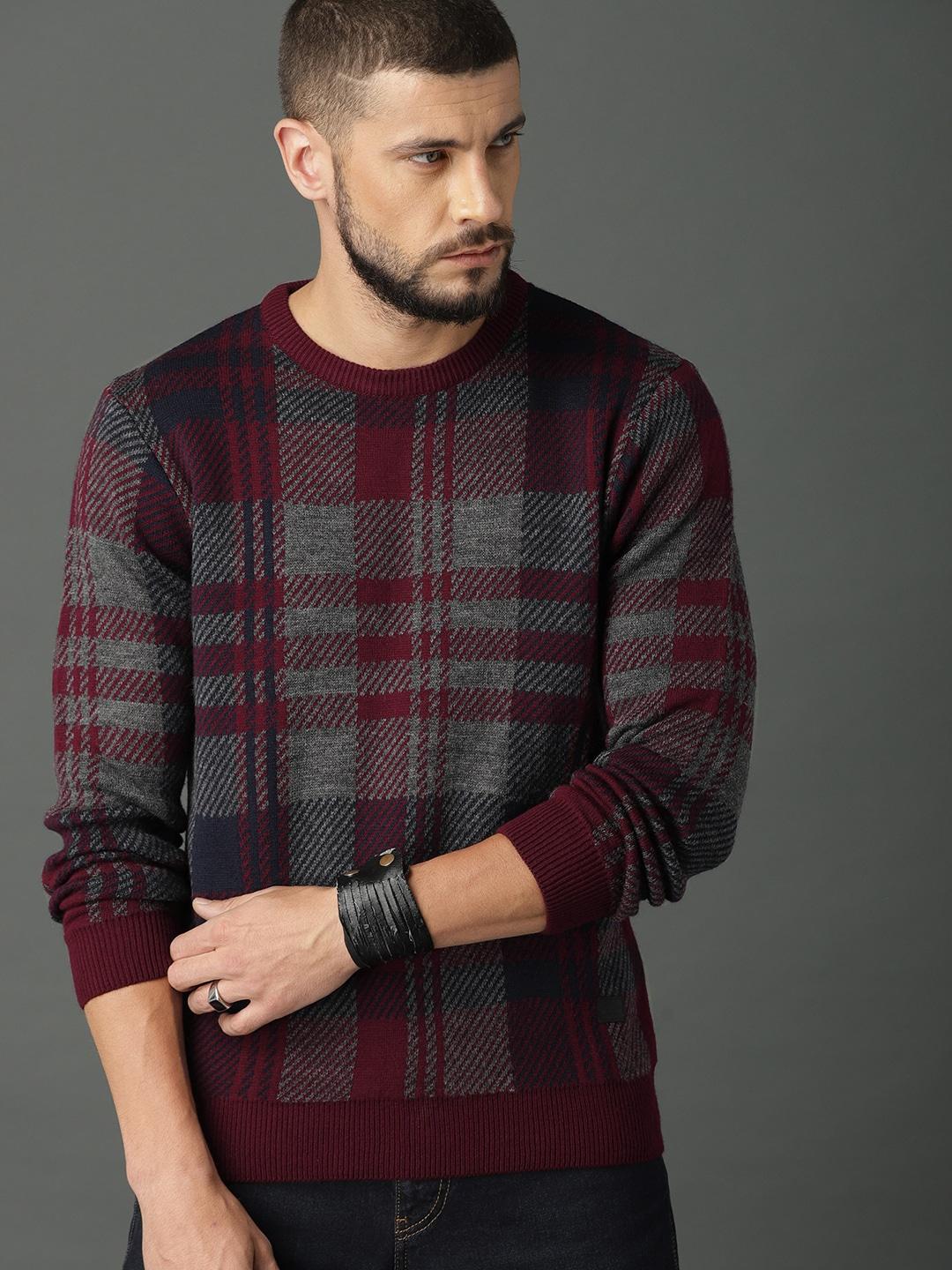 Roadster Men Maroon & Grey Checked Pullover Sweater