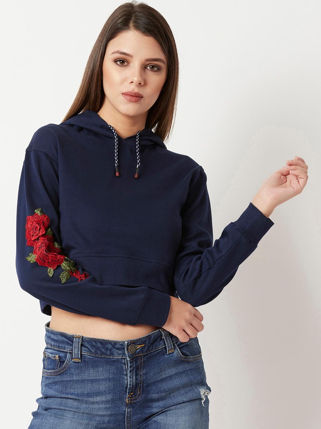 Miss Chase Women Navy Blue Embroidered Hooded Crop Sweatshirt
