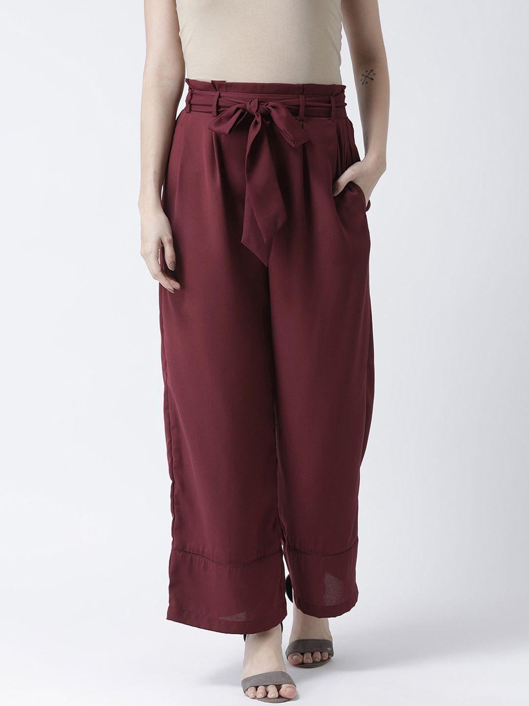 KASSUALLY Women Burgundy Regular Fit Solid Parallel Trousers