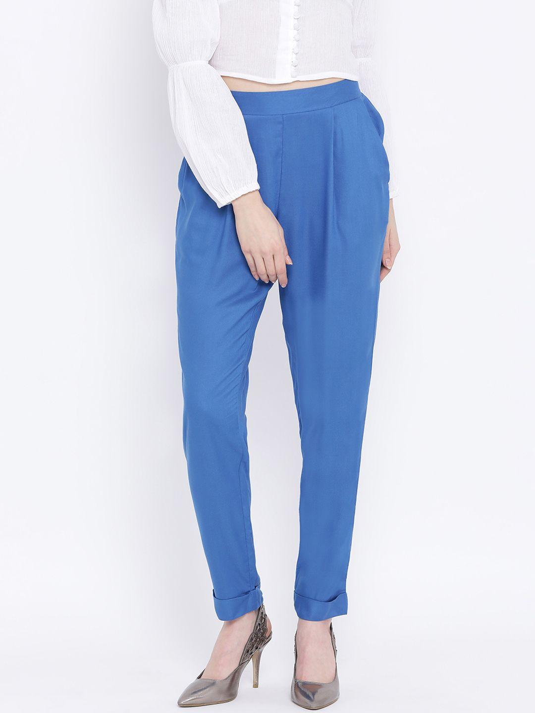 Oxolloxo Women Blue Regular Fit Solid Cigarette Trousers