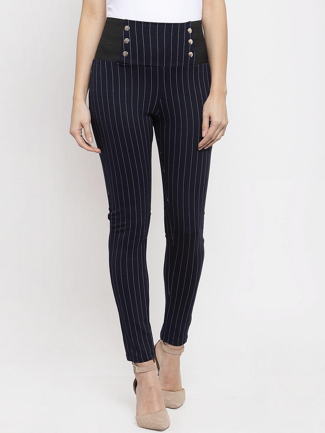 KASSUALLY Women Navy Blue & White Striped Slim-Fit Treggings