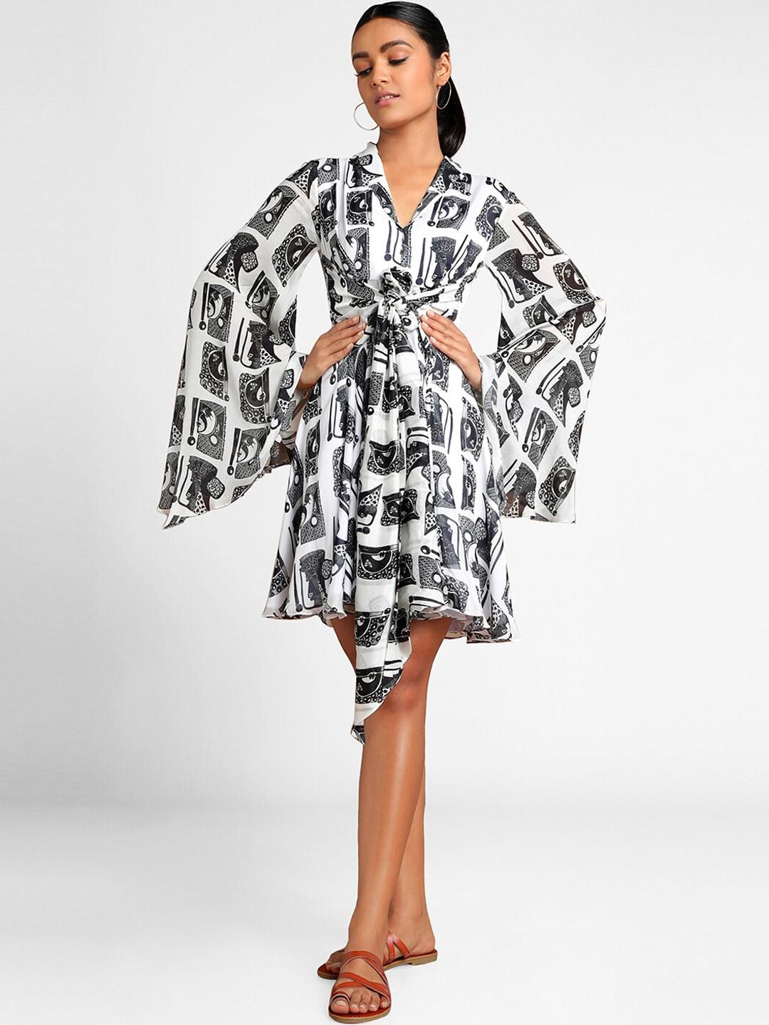 masaba-women-black-&-white-printed-fit-and-flare-dress