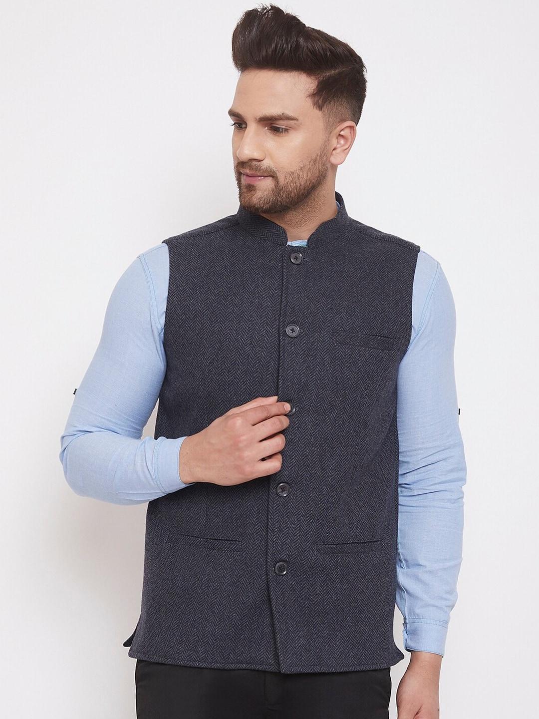even Men Charcoal Grey Solid Pure Wool Woven Nehru Jacket