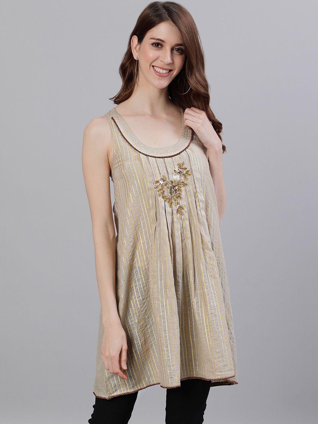 Ishin Beige Floral Embroidered Pure Cotton A-Line Longline Top