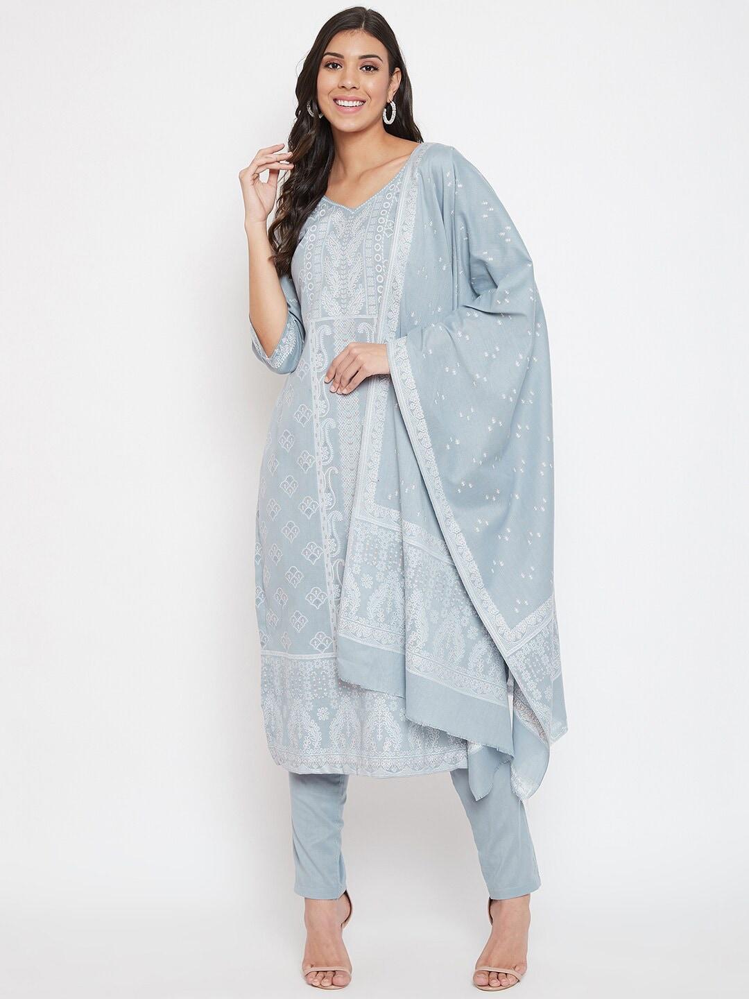 Safaa Grey & White Pure Cotton Woven Design Unstitched Dress Material For Summer
