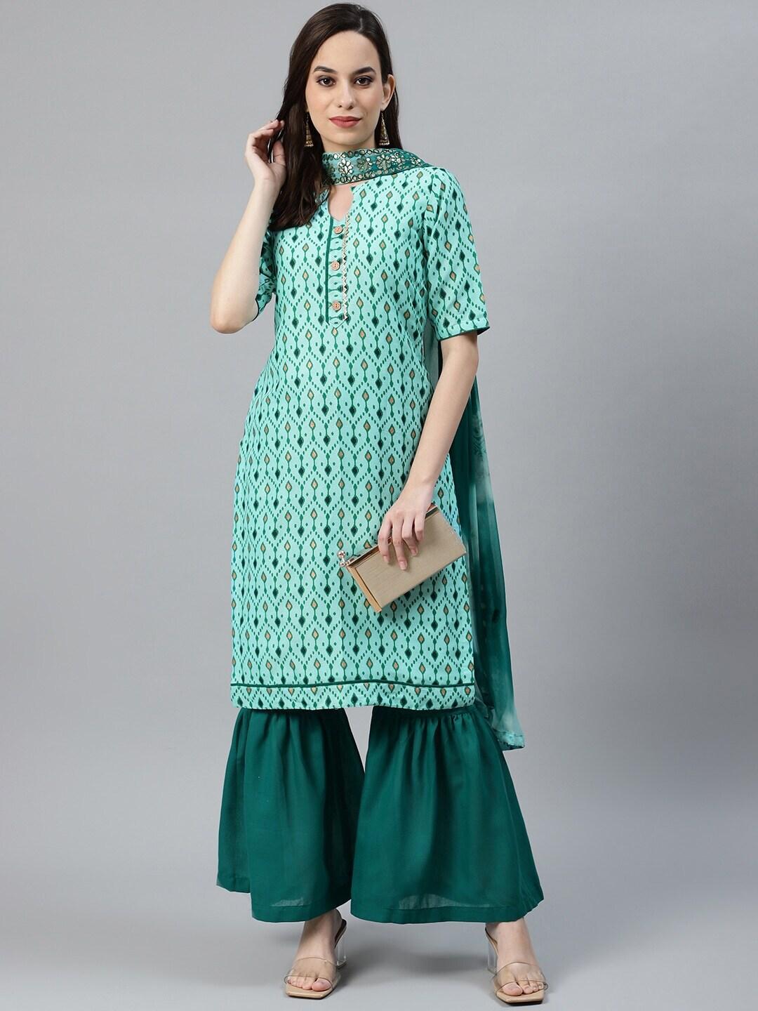 Chhabra 555 Green & Blue Cotton Blend Unstitched Dress Material
